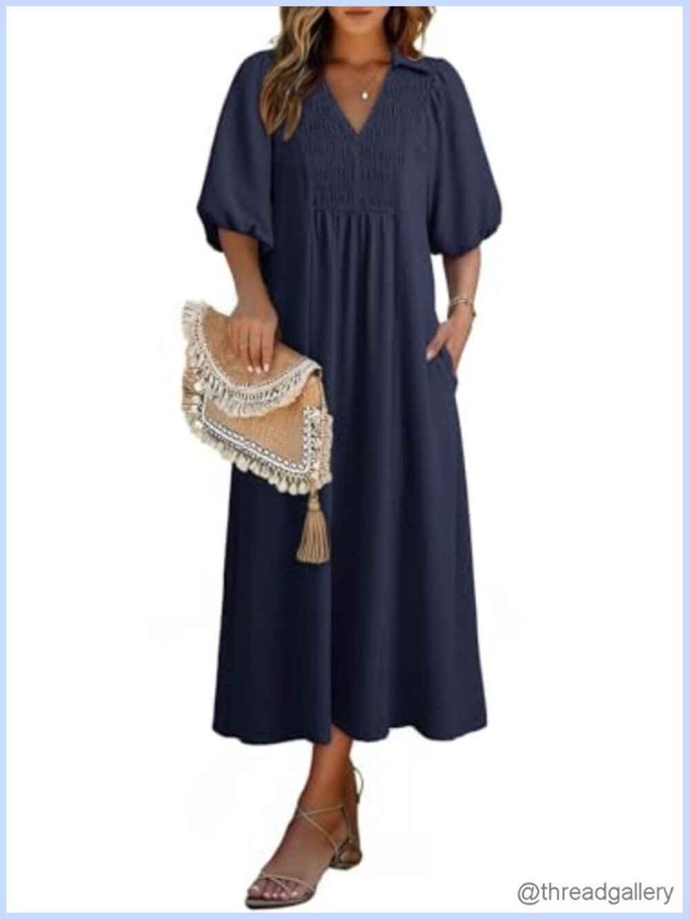 Puff Sleeve V Neck High Waist A-Line Maxi Dress with Pockets